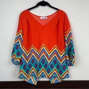 Aztec print V-Neck oversized blouse tab sleeves size small